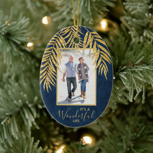 Gold Palms on Denim Holiday Christmas Photo Oval Ceramic Ornament (Tree)