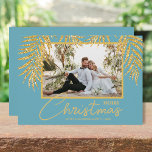 Gold Palms Topical Christmas Photo Holiday Card<br><div class="desc">Glamourous faux gold glitter palm fronds on a turquoise background highlight your favourite photo on these holiday Christmas photo cards. Merry Christmas and your names on the bottom in chic lettering. High Definition for best quality. MORE COLORS and multi-photo style done for you in our collection.</div>