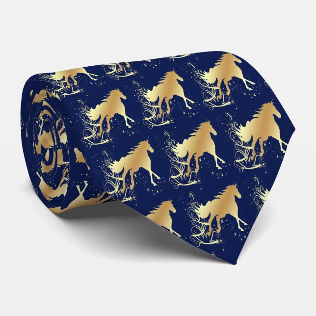 Gold Palomino Horse on Blue Western Necktie (Rolled)