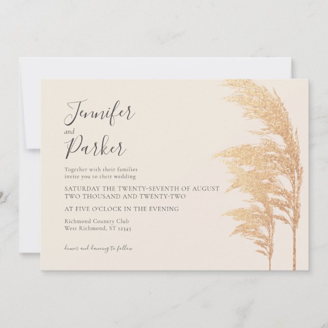 Gold Pampas Boho Rustic Woodsy Wedding Invitation (Front)