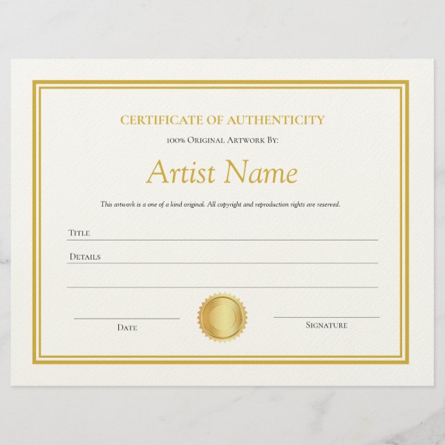 Gold Paper Certificate of Authenticity Template  (Front)