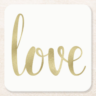 Gold paper coasters, love, foil font square paper coaster