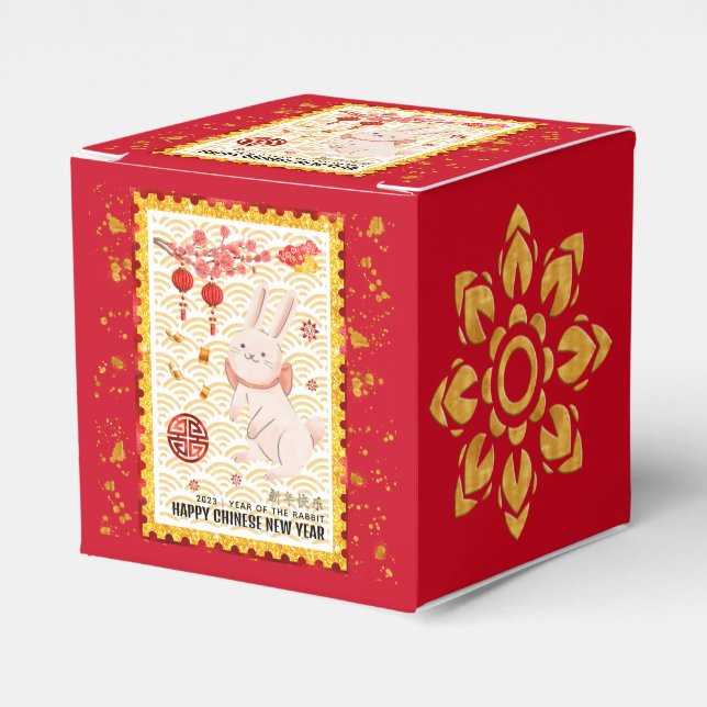 Gold Papercut 2023 Rabbit Chinese New Year Red Favor Box (Front Side)