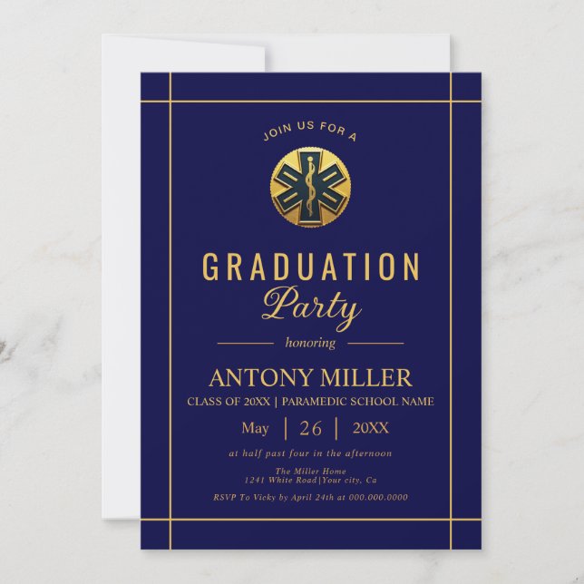 Gold paramedic EMT Class Of 2025 blue graduation Invitation (Front)