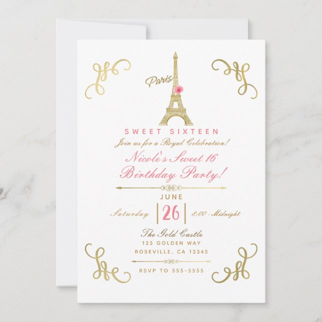 Gold Paris Eiffel Tower Pink Rose Sweet 16 Party Invitation (Front)