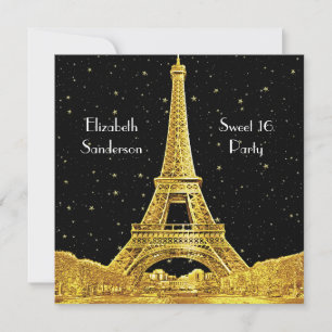 Gold Paris France Skyline #2 Bk Starry Sweet 16 SQ Invitation