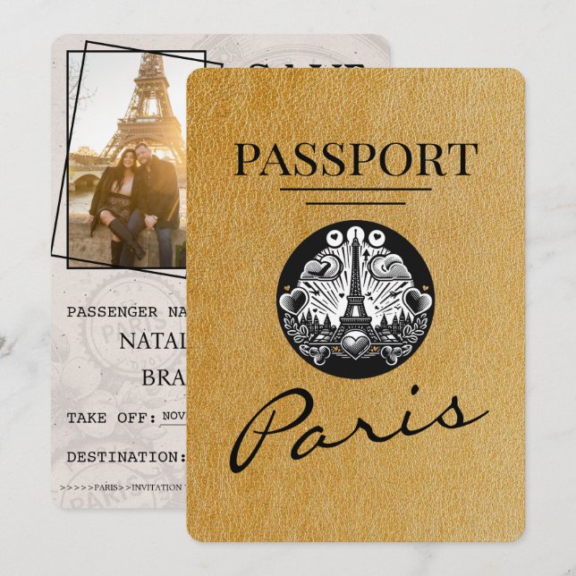 Gold Paris Passport Save The Date (Front/Back)