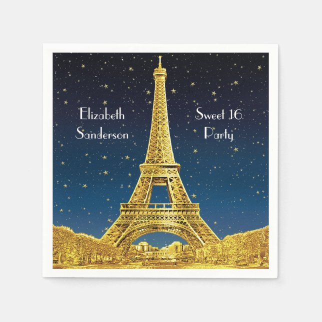 Gold Paris Skyline #2 Blue Starry Sweet 16 SQ Napkin (Front)
