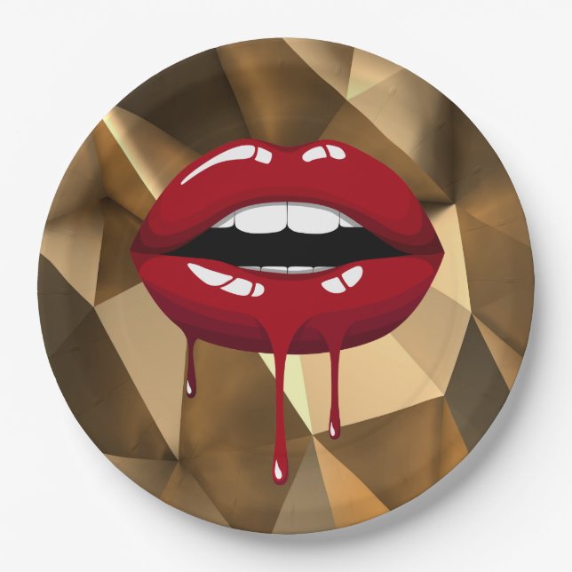 Gold Party Luxury Glam Red Drip Dripping Lips Paper Plate (Front)