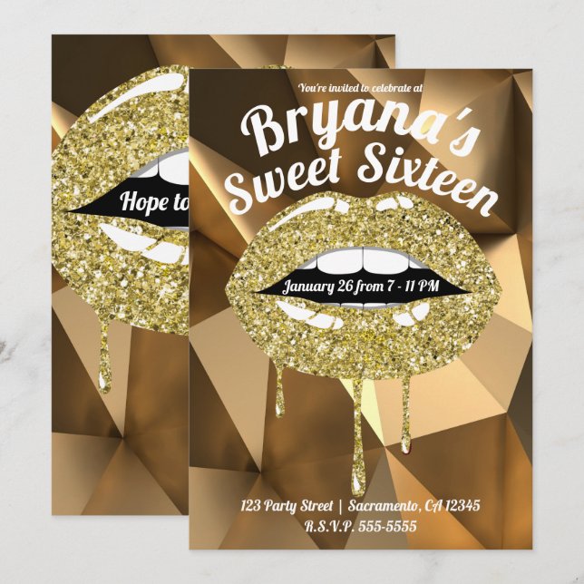 Gold Party Luxury Glitter Dripping Lips Sweet 16 Invitation (Front/Back)