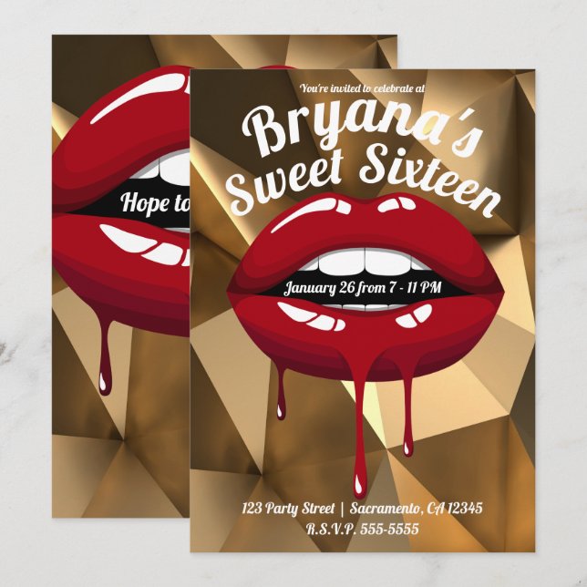 Gold Party Luxury Red Dripping Lips Sweet 16 Invitation (Front/Back)