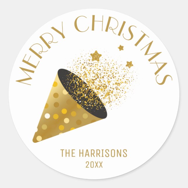 Gold Party Popper Hat Name Christmas Classic Round Sticker (Front)
