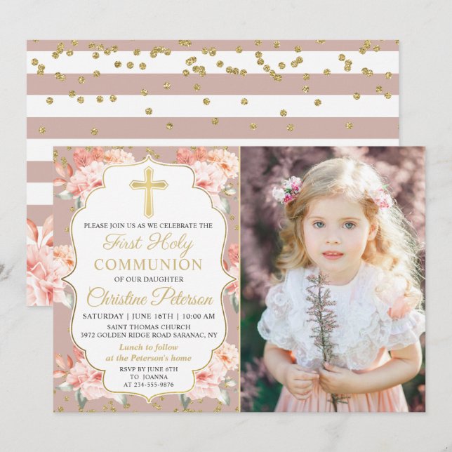 Gold Pastel Cora Floral Photo 1st Holy Communion Invitation (Front/Back)