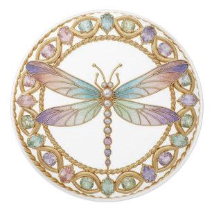 Gold Pastel Dragonfly - Pink Lilac Blue & Green Ceramic Knob