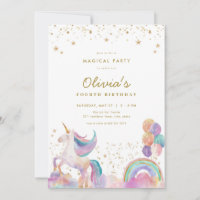Gold Pastel Rainbow Unicorn Invitation Anniversair