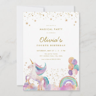 Gold Pastel Rainbow Unicorn Invitation Anniversair