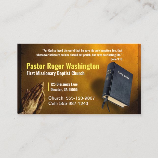 Gold Pastor or Deacon Bible Church Business Card (Front)
