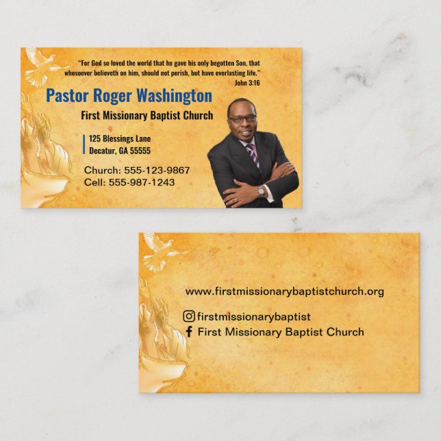 Gold Pastor or Deacon Photo Church Business Card (Front/Back)