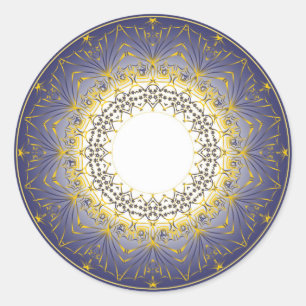 Gold pattern on blue background classic round sticker