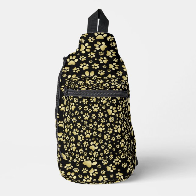 Gold pattern paws on black background sling bag (Front)