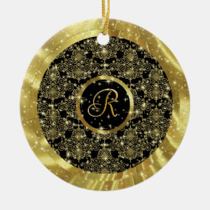 Gold Pattern & Sparkles-Custom Initial Ceramic Ornament