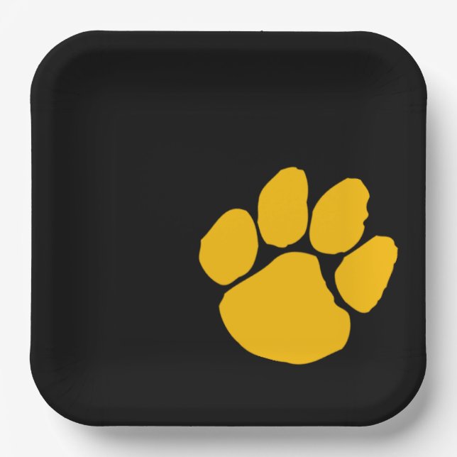 Gold Pawprint on Black Paper Party Plates (Front)