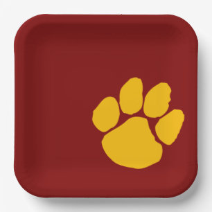 Gold Pawprint on Maroon Paper Party Plates