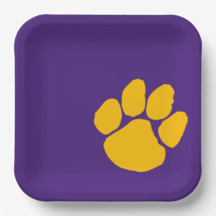 Gold Pawprint on Purple Paper Party Plates