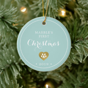 Gold Pawprints Cat's First Christmas Photo Ceramic Ornament