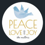 Gold Peace, Love, Joy blue dove Christmas Classic Round Sticker<br><div class="desc">Gold Peace,  Love,  Joy and  blue watercolor dove Christmas holiday sticker. This trendy festive design displays a blue patterned dove and the text “Peace,  Love and Joy” in gold.</div>