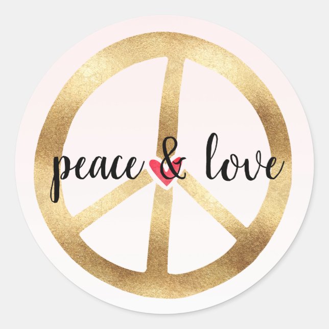 Gold Peace Sign with Heart Classic Round Sticker (Front)