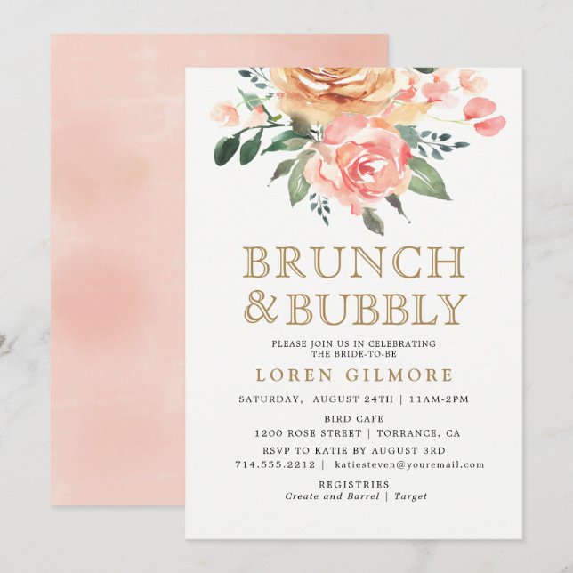 Gold Peach Floral Bridal Brunch Shower Invitation (Front/Back)