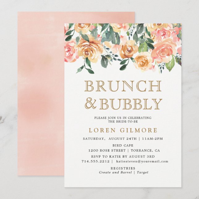 Gold Peach Floral Brunch and Bubbly Shower Invitation (Front/Back)
