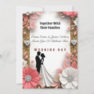 💍 Gold Peach Floral Wedding On Spring Background Invitation