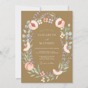 Gold Peach Fruit Eucalyptus Wedding Invitation
