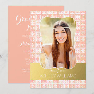 Gold Peach Greek Key Photo Graduation Announcement