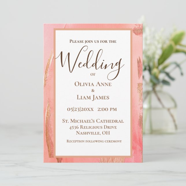 Gold Peach Modern Brown Elegant Script Wedding Invitation (Standing Front)