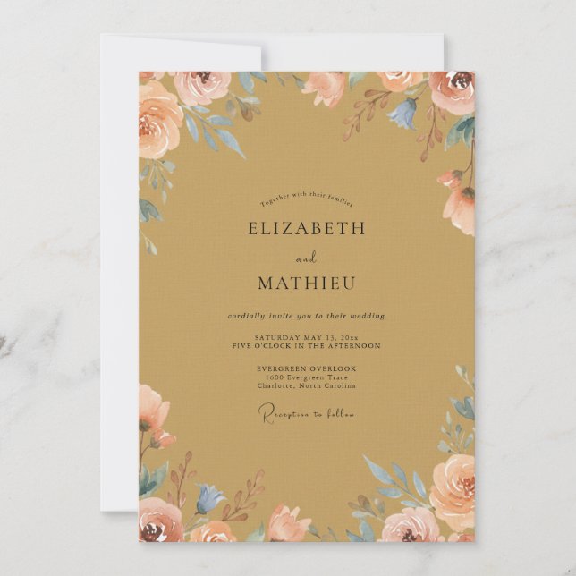 Gold Peach Peony Wedding Invitation (Front)