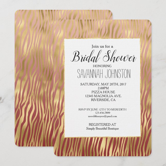 Gold Peach Red Chevron Zebra Stripes Bridal Shower Invitation (Front/Back)