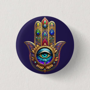Gold Peacock Colors Hamsa Green Sapphire Third Eye 1 Inch Round Button