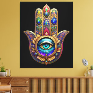 Gold Peacock Colors Hamsa Green Sapphire Third Eye Canvas Print