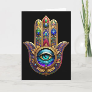 Gold Peacock Colors Hamsa Green Sapphire Third Eye Card