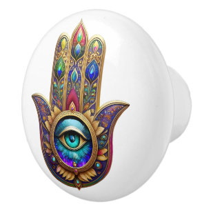 Gold Peacock Colors Hamsa Green Sapphire Third Eye Ceramic Knob