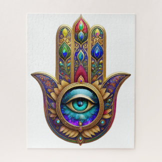 Gold Peacock Colors Hamsa Green Sapphire Third Eye Jigsaw Puzzle