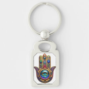 Gold Peacock Colors Hamsa Green Sapphire Third Eye Keychain