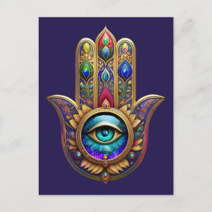 Gold Peacock Colors Hamsa Green Sapphire Third Eye Postcard
