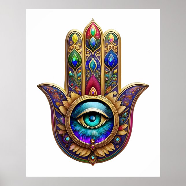 Gold Peacock Colors Hamsa Green Sapphire Third Eye Poster (Front)