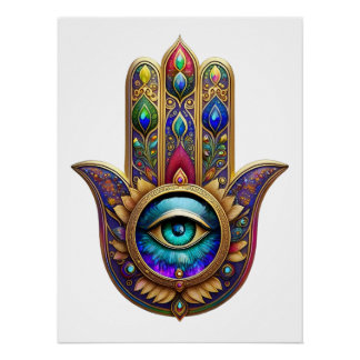 Gold Peacock Colors Hamsa Green Sapphire Third Eye Poster
