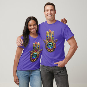Gold Peacock Colors Hamsa Green Sapphire Third Eye T-Shirt