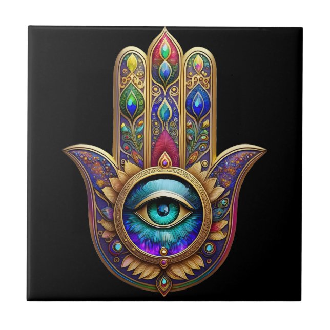 Gold Peacock Colors Hamsa Green Sapphire Third Eye Tile (Front)
